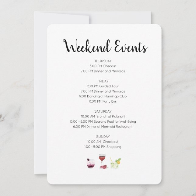 Convite Itinerário de Eventos de Fim de Semana Elegantes (Frente)