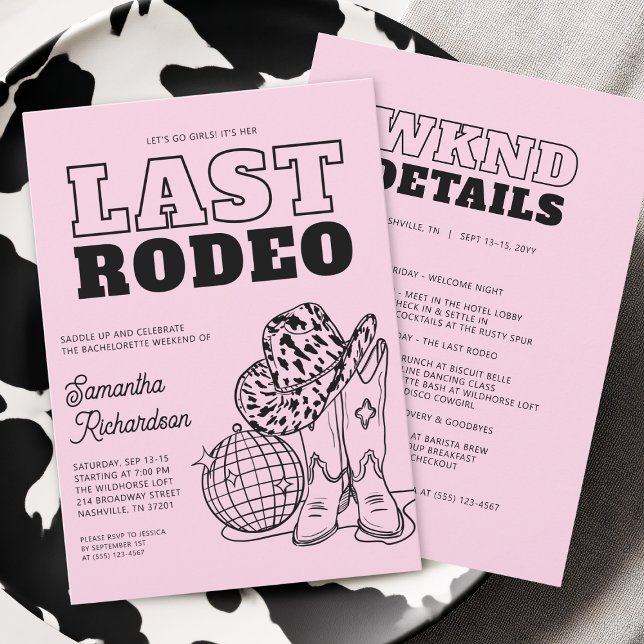 Convite Itinerário de Fim de Semana da Festa de Despedida  (Disco Cowgirl Bachelorette Party Weekend Itinerary Invitation)