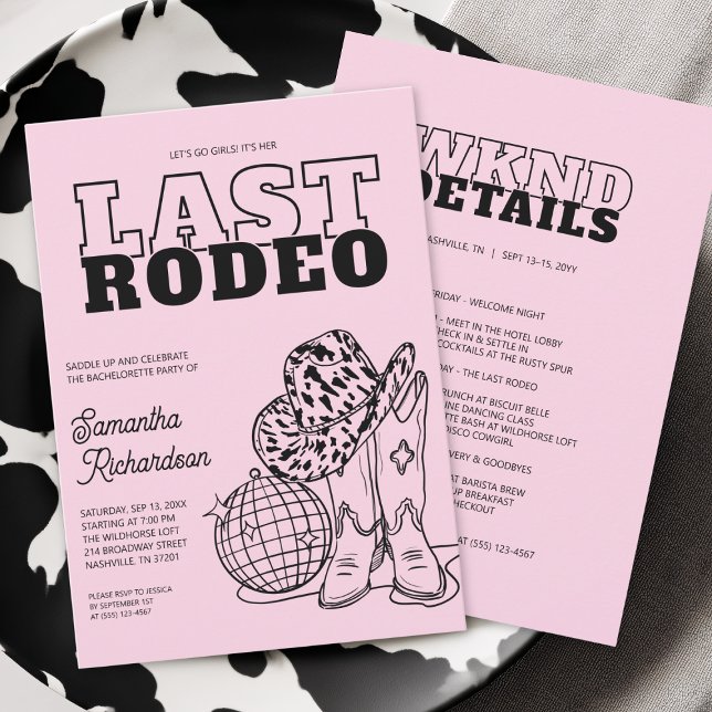 Convite Itinerário de Fim de Semana da Festa de Despedida  (Disco Cowgirl Bachelorette Party Weekend Itinerary Invitation)