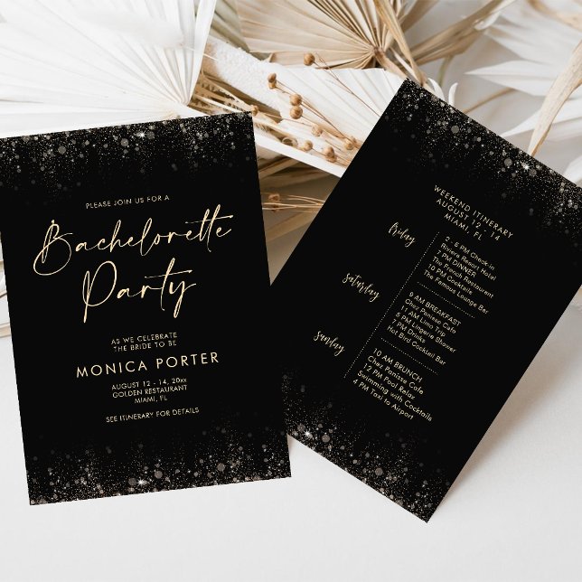 Convite Itinerário de Fim de Semana da Solteira Black Gold (Black Gold Bachelorette Weekend Itinerary Schedule Invitation)