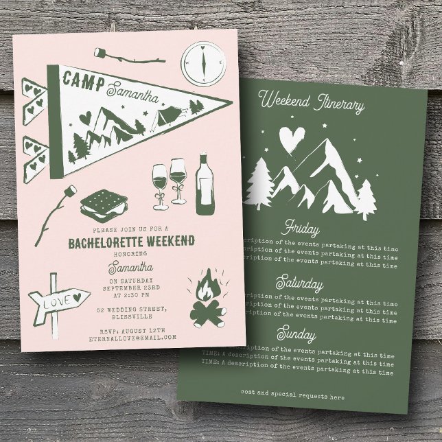 Convite Itinerário de Fim de Semana de Acampamento de Desp (Camp Bachelorette Party Camping Weekend Itinerary Invitation)