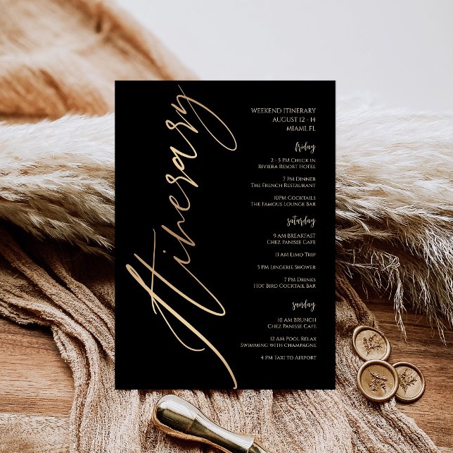 Convite Itinerário de Fim de Semana de Aniversário com Fol (Black Gold Foil Birthday Weekend Itinerary Invitation)