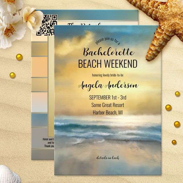 Convite Itinerário de Fim de Semana de Bachelorett (Bachelorette weekend getaway itinerary template invitation featuring a painting of a beach at sunset)