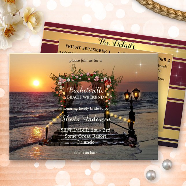 Convite Itinerário de Fim de Semana de Bachelorett (bachelorette weekend getaway itinerary template invitation showing a lovely rose arbor on the beach)