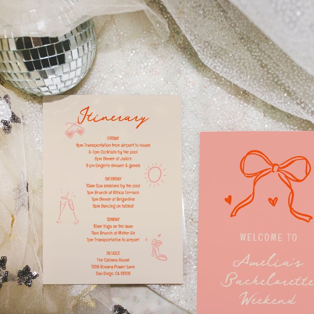 Convite Itinerário de Fim de Semana de Bachelorette, Rosa  (Pink and red sketch illustrations bachelorette party weekend itinerary and welcome card.)