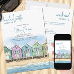Convite Itinerário de Fim de Semana de Despedida de Soltei<br><div class="desc">Convite de Fim de Semana de Férias de Solteira na Praia com Itinerário. Design em aquarela apresentando uma fileira de cabanas de praia coloridas e pintadas à mão na areia dourada à beira-mar, desfrutando da vista para o mar e do céu azul de verão. O modelo está configurado para você...</div>