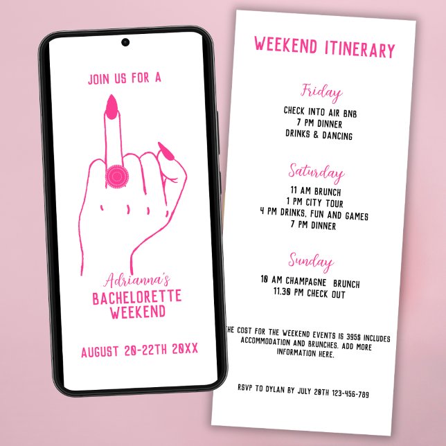 Convite Itinerário de Fim de Semana do Bachelorette Rosa d (ring finger bachelorette party invitation bold pink weekend itinerary chic modern)