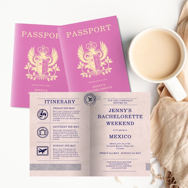 Convite Itinerário de Passaporte Rosa para Festa de Soltei (Pink Bachelorette Destination Party Passport Invitation
)