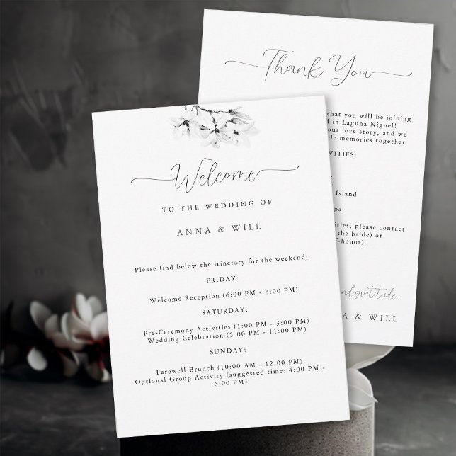 Convite Itinerário do Casamento Branco Negro da Magnolia C (Classic Magnolia Wedding Weekend Itinerary and Welcome Card)