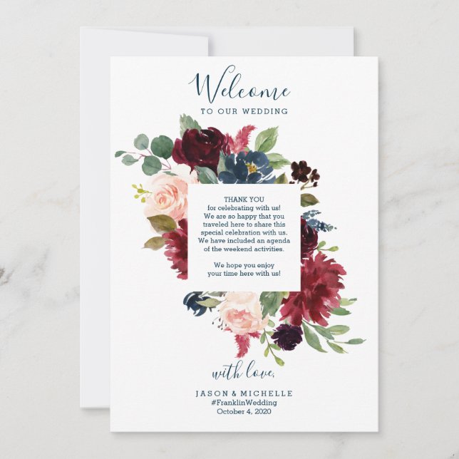 Convite Itinerário do Casamento Carta de Boas-Vindas do Ho (Frente)