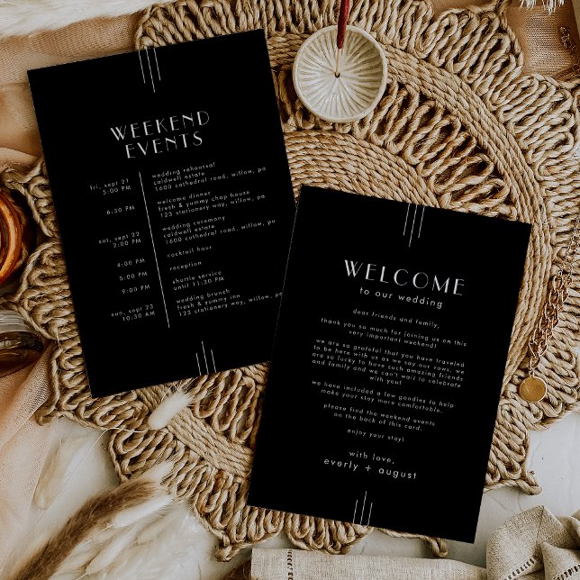 Convite Itinerário do Fim de Semana de Casamento Preto em  (EVERLY Art Deco Black Wedding Weekend Itinerary Invitation)