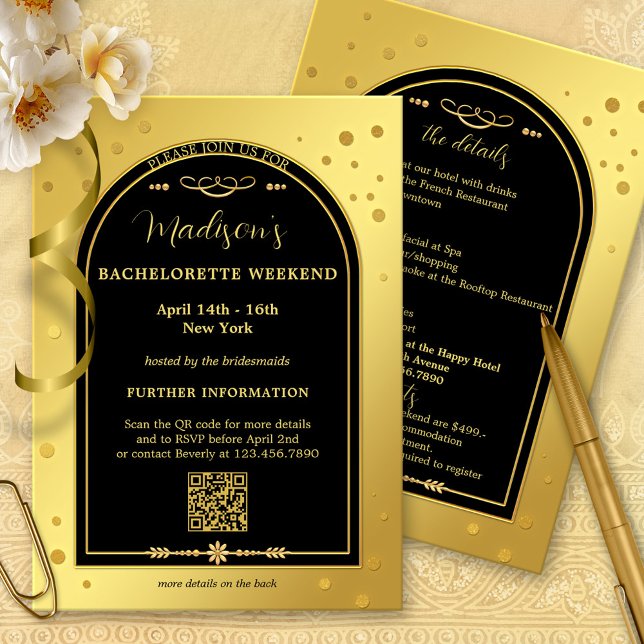 Convite Itinerário do Fim de Semana Dourado da Bachelorett (Bachelorette weekend getaway invitation program template with a gold black confetti sparkles design)