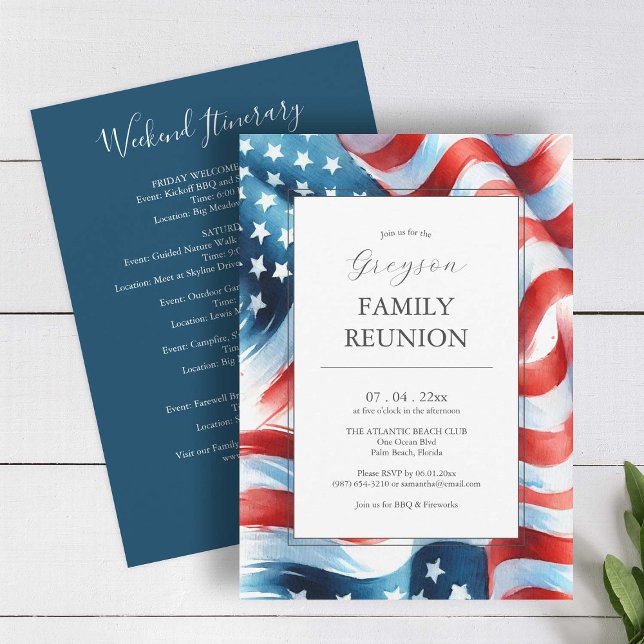 Convite Itinerário Moderno de Reunião de Família Patriótic (American flag family reunion invitations red white and blue with weekend itinerary)