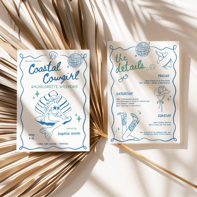 Convite Itinerário no Fim de Semana da Bachelorette Cowgir (Coastal Cowgirl Bachelorette Weekend Itinerary Invitation)