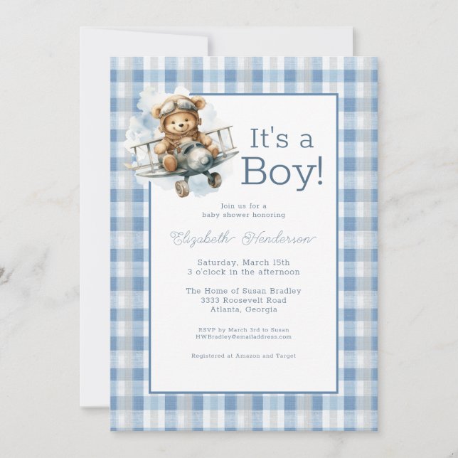 Convite It's a Boy Blue Airplane Baby Shower Invitation (Frente)
