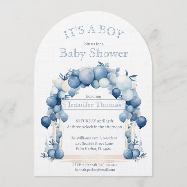 Convite It's a BOY Blue Balloon Arch Baby Shower (Frente)