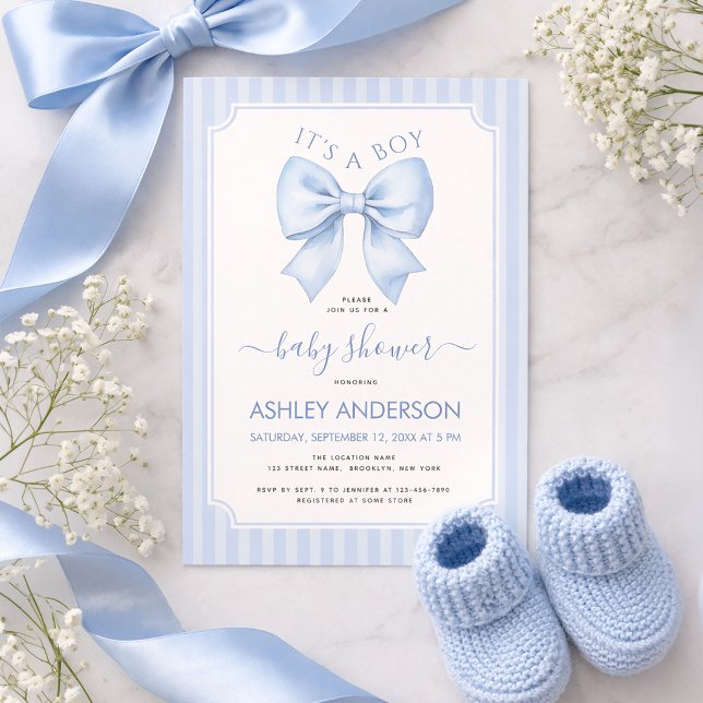 Convite It's a Boy Blue Bow and Stripes Baby Shower (Criador carregado)