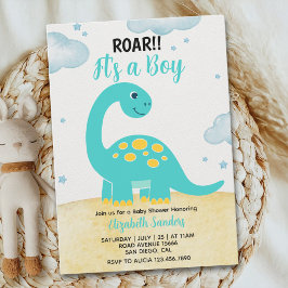 Convite It's a Boy, Cute Watercolor Dinosaur Baby shower 