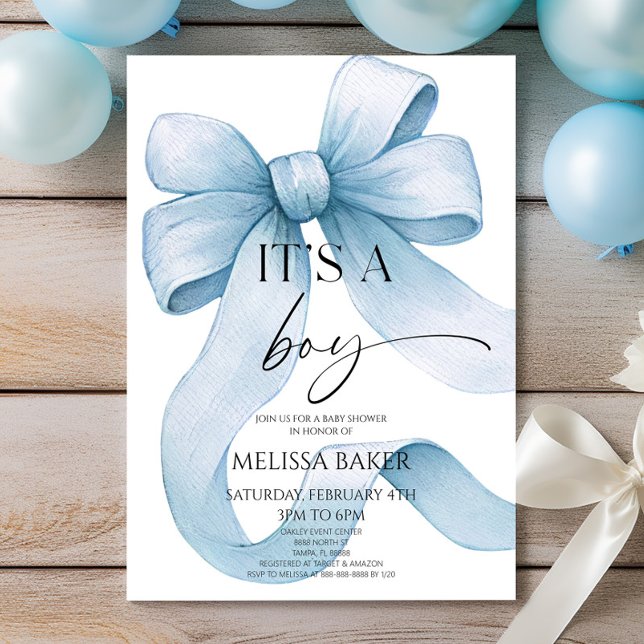 Convite It's A Boy Elegant Blue Bow Baby Shower (Criador carregado)