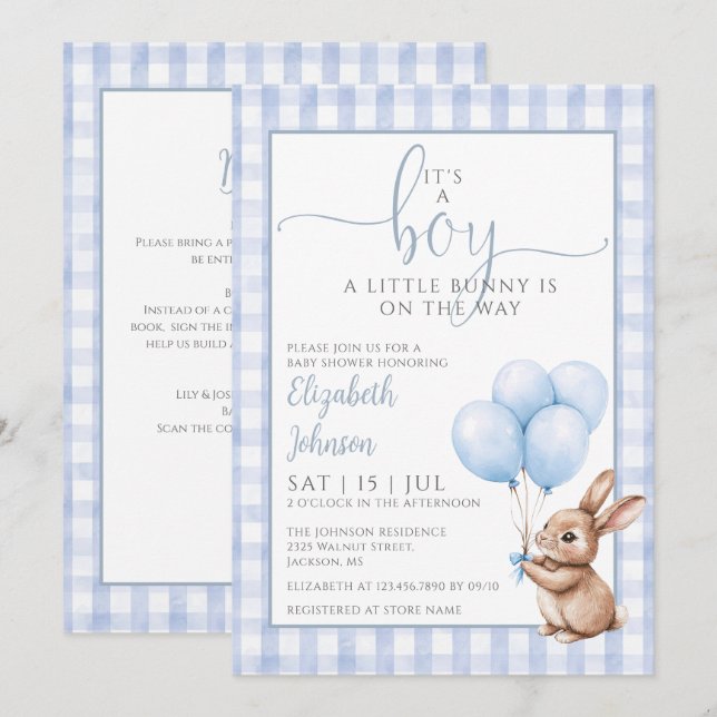 Convite Its A Boy Little Bunny Blue Baby Shower All In One (Frente/Verso)