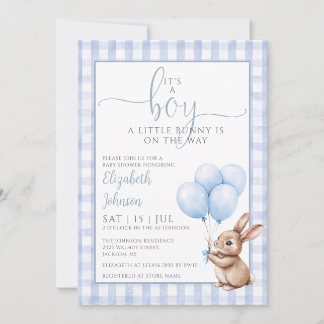 Convite Its A Boy Little Bunny Blue Balloons Baby Shower  (Frente)