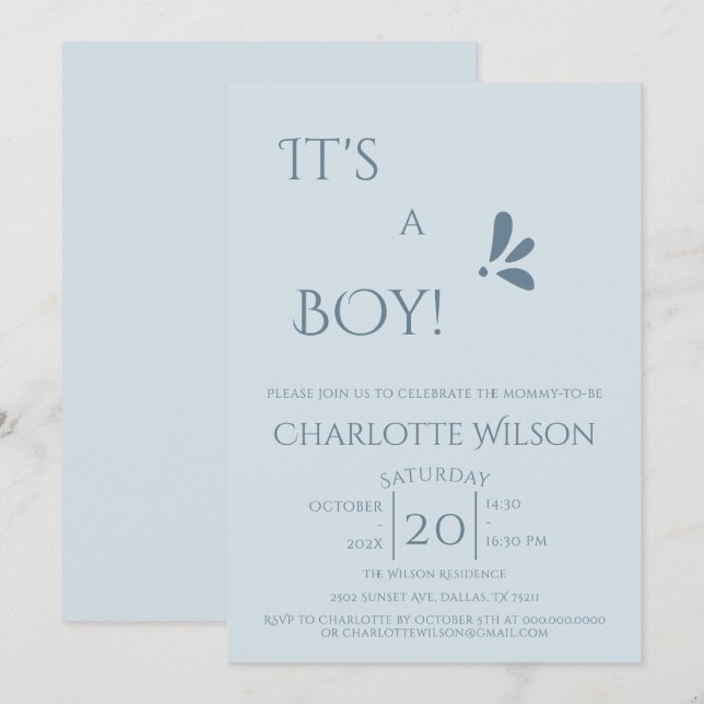 Convite It's A Boy! Minimalism Pastel Blue Baby Shower (Frente/Verso)