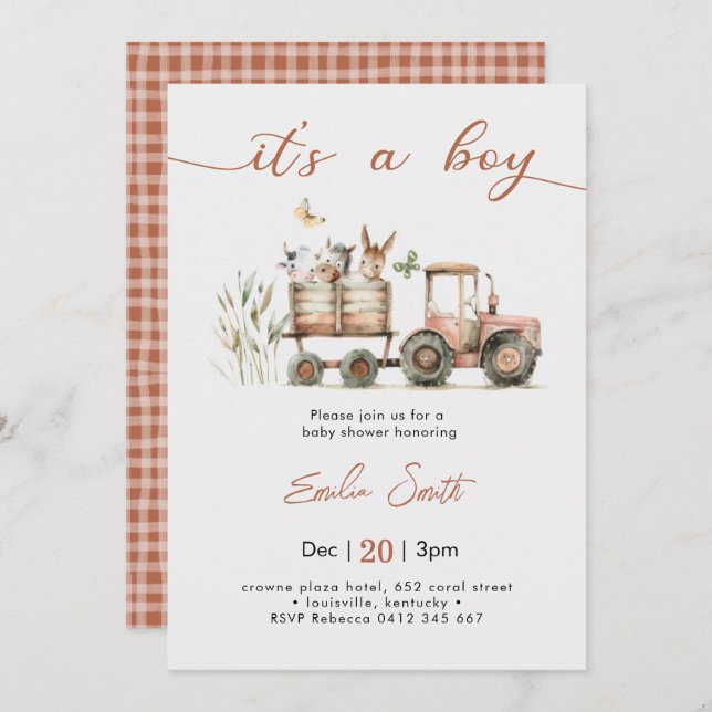 Convite  It's a Boy Tractor Baby Shower (Frente/Verso)