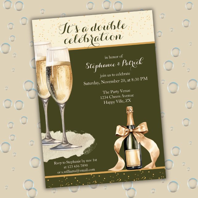 Convite It's a Double Celebration Green Champagne Birthday (Criador carregado)