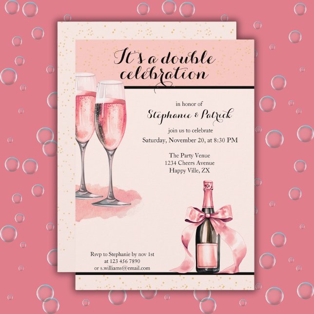 Convite It's a Double Celebration Pink Champagne Birthday (Criador carregado)