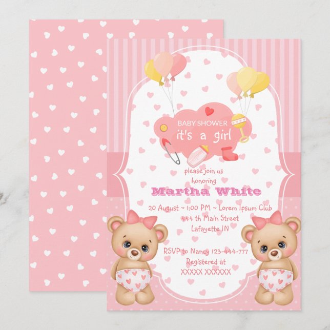 Convite it's a girl Baby shower Invitation (Frente/Verso)