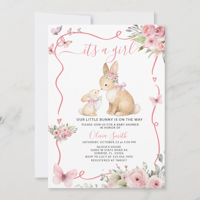 Convite It's a Girl Bunny Baby Shower Pink Floral (Frente)