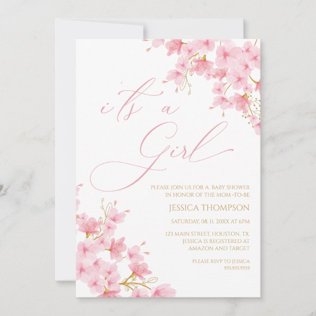 Convite i'ts a Girl Floral Baby Shower Cherry Blossom (Frente)