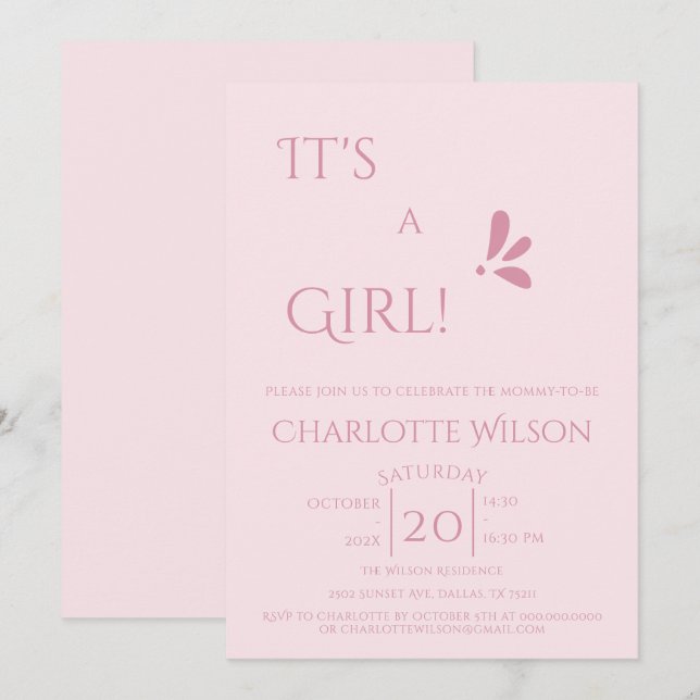 Convite It's A Girl! Minimalism Pastel Pink Baby Shower (Frente/Verso)