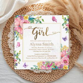 Convite It's a Girl Pink Blue Yellow Floral Baby Shower