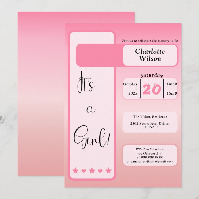 Convite It's A Girl! Pink Gradient Cute Baby Shower (Frente/Verso)