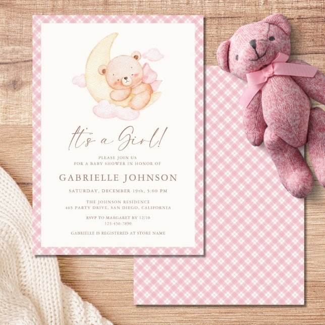 Convite It's a Girl Pink Moon Bear Baby Shower (Criador carregado)