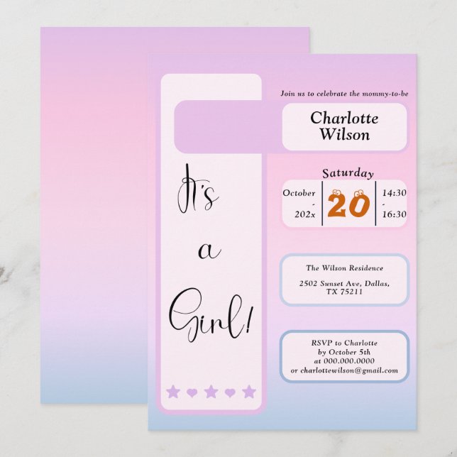 Convite It's A Girl! Purple Gradient Cute Baby Shower (Frente/Verso)