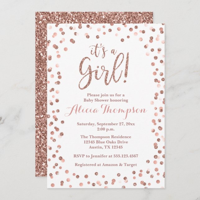 Convite It's a Girl Rose Gold Baby Shower Invitation (Frente/Verso)