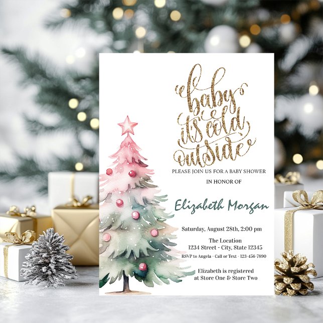 Convite It's Cold Watercolor Pink Pine Tree Baby Shower   (Criador carregado)