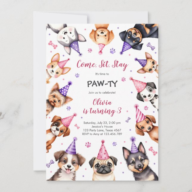 Convite It's Time to Paw-ty Party Animals Kids Birthday (Frente)
