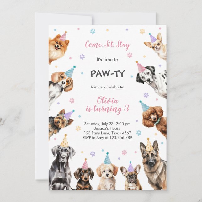 Convite It's Time to Paw-ty Party Animals Kids Birthday (Frente)