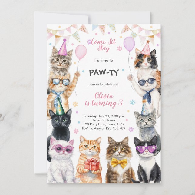 Convite It's Time to Paw-ty Party Animals Kids Birthday (Frente)
