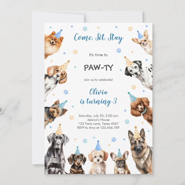 Convite It's Time to Paw-ty Party Animals Kids Birthday (Frente)