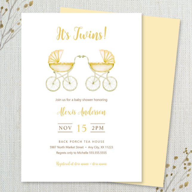 Convite It's Twins with yellow Carriages Baby Shower (Criador carregado)