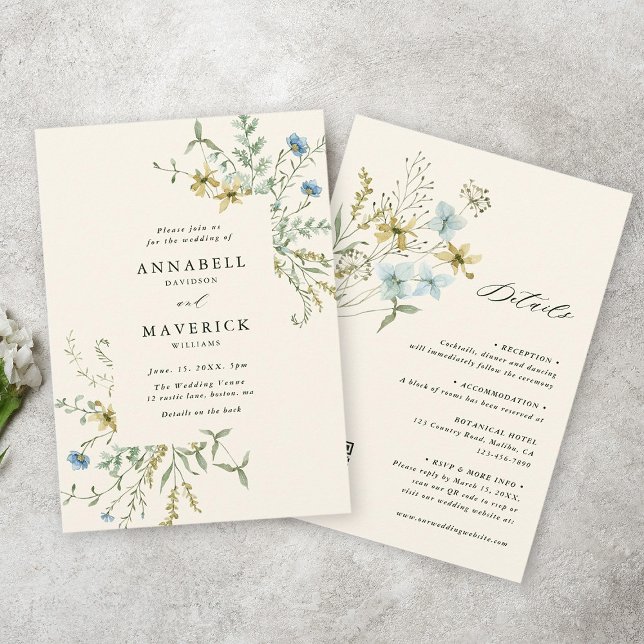 Convite Ivory All In One Delicate Wildflower Wedding (Front & Back)
