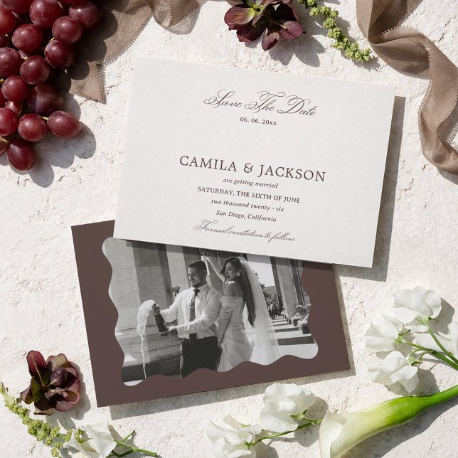 Convite Ivory and Brown Wedding Save the Date Photo (Criador carregado)