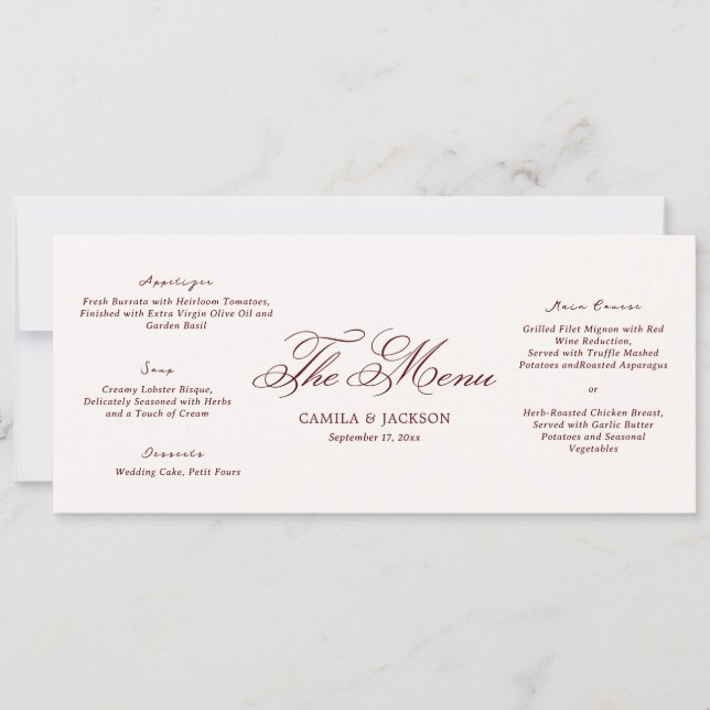 Convite Ivory and Burgundy Wedding Menu Card (Frente)
