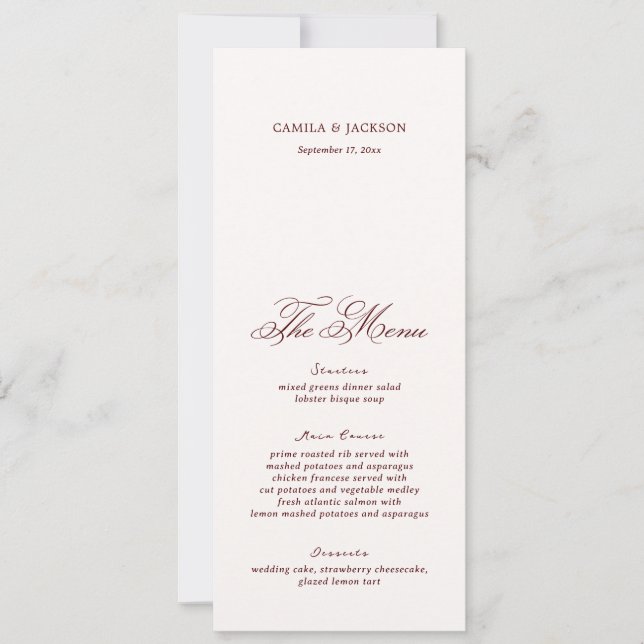 Convite Ivory And Burgundy Wedding Menu Card (Frente)