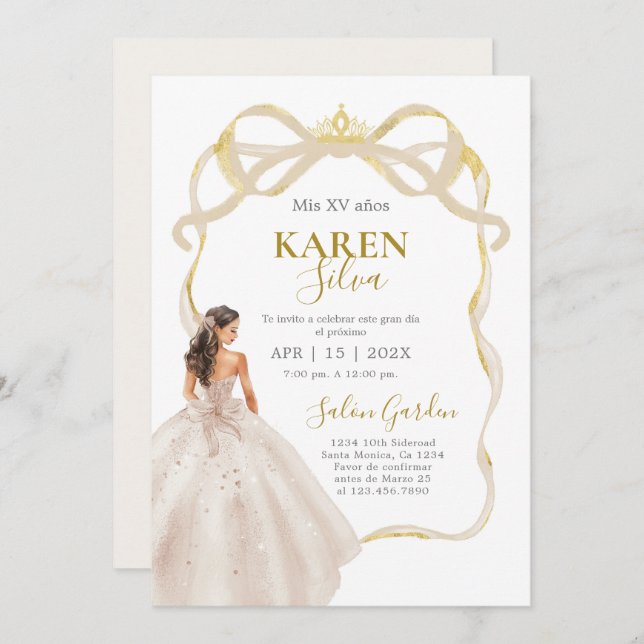 Convite Ivory and Gold Quinceanera Invitation (Frente/Verso)