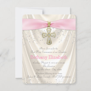 Convite Ivory and Pink Cross First Community Satin